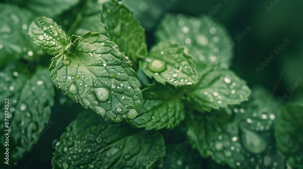 Extreme close-up of wet mint plant leaves, soft blur background, rain drops, fresh and aromatic composition. Extreme close-up of wet mint plant leaves, soft blur background, rain drops, fresh and aromatic composition.