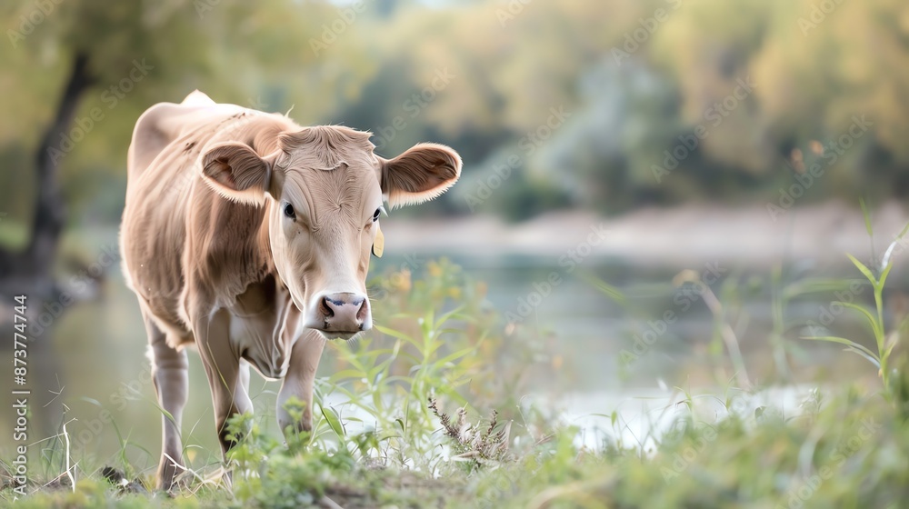 Soothing scene of a gentle cow grazing in a quiet pasture, Animal, Calm and Pure concept Soothing scene of a gentle cow grazing in a quiet pasture, Animal, Calm and Pure concept