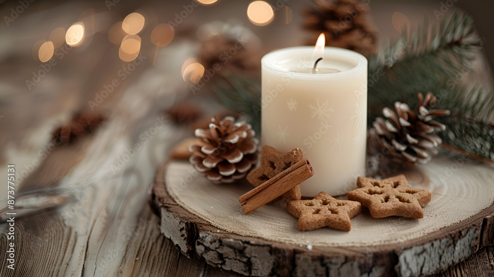 White Christmas candle on rustic wooden boards - Decoration with natural elements, twigs, pine cones and cookies. ai generative