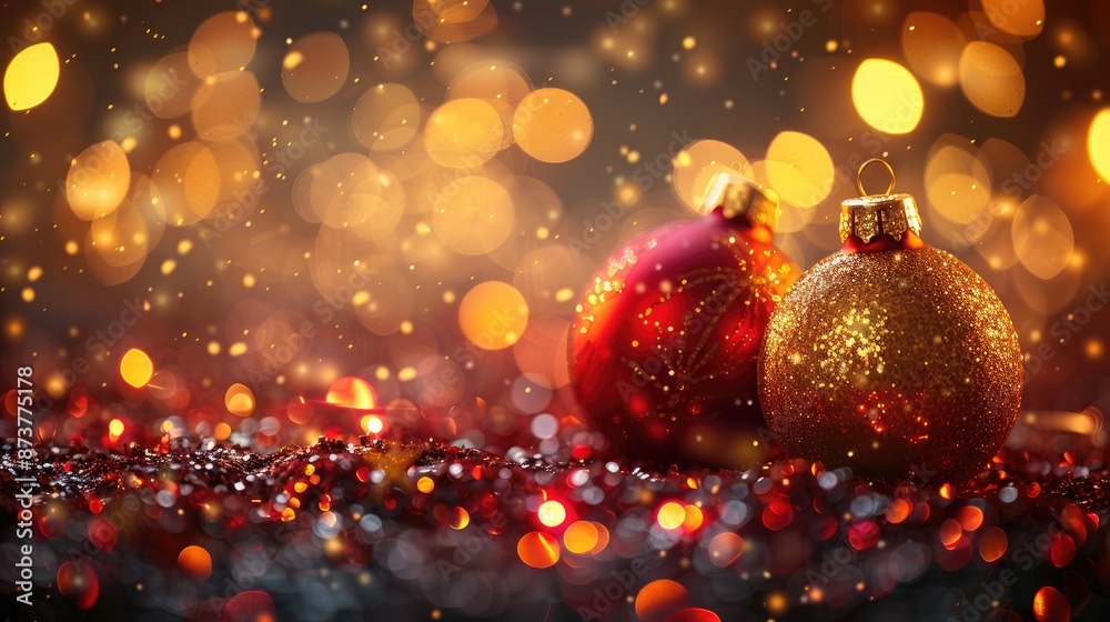Festive Christmas ornaments with golden bokeh lights Festive Christmas ornaments with golden bokeh lights