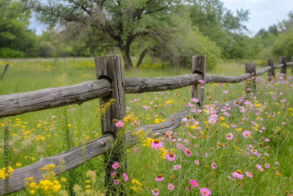 Wooden fence in a sunny meadow with wildflowers Wooden fence in a sunny meadow with wildflowers
