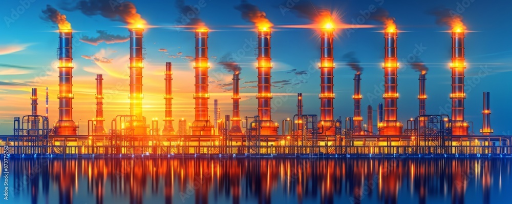 Industrial plant with multiple smokestacks emitting smoke, reflecting in water at sunset, showcasing industrial pollution and environmental impact. Industrial plant with multiple smokestacks emitting smoke, reflecting in water at sunset, showcasing industrial pollution and environmental impact.
