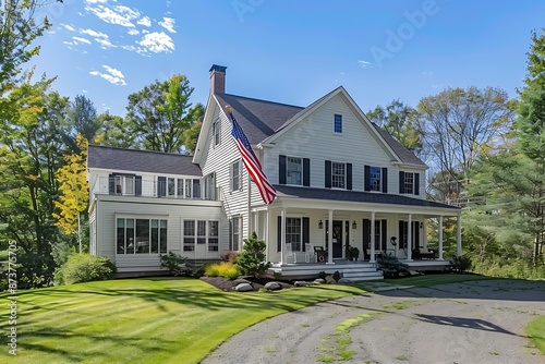 Modern custom new England colonial home with an American flag on a sunny day