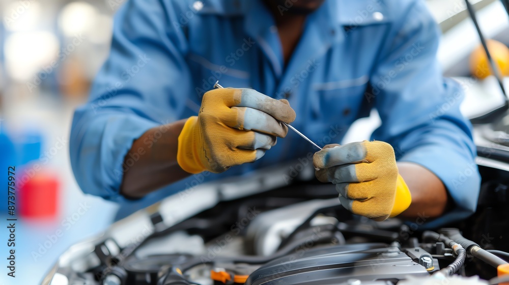 Automobile parked with a mechanic under the hood using screwdrivers to check the coolant level, coolant, detailed care Automobile parked with a mechanic under the hood using screwdrivers to check the coolant level, coolant, detailed care