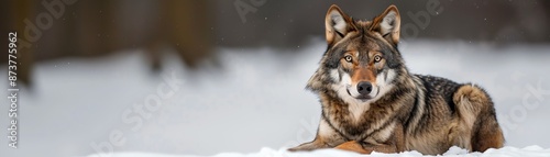 Peaceful wolf resting in a snowy landscape, Animal, Calm and Pure concept