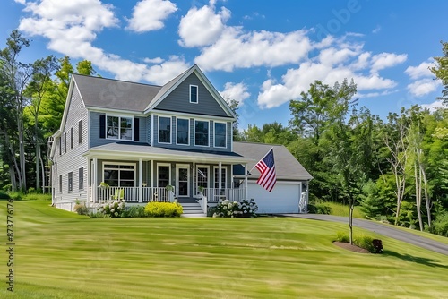 Modern custom new England colonial home with an American flag on a sunny day
