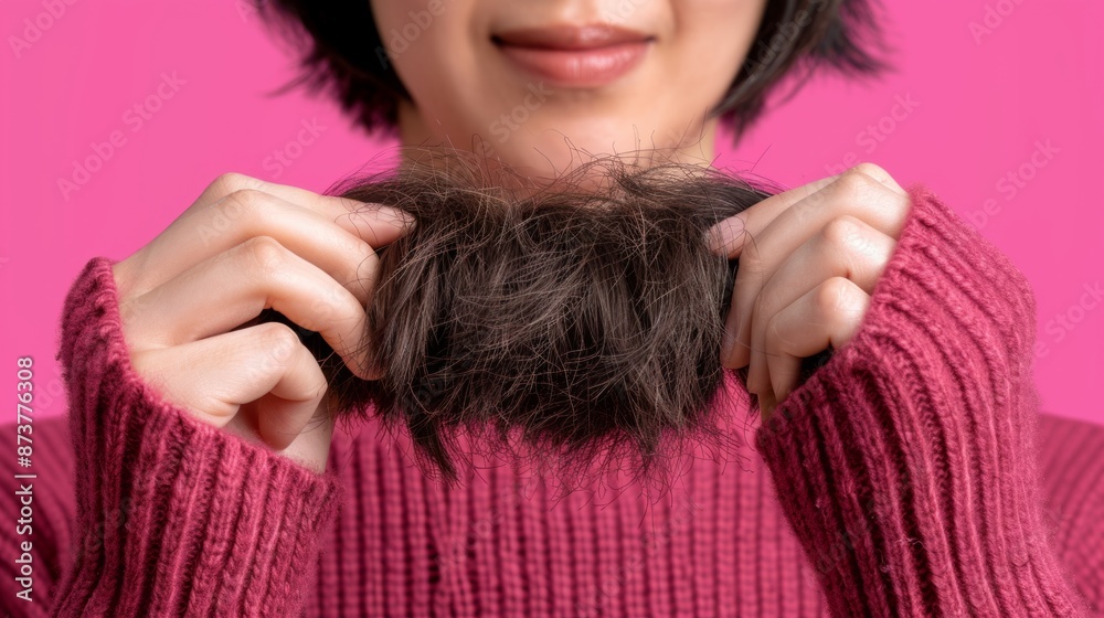 Person holding a fake beard against a pink background, wearing a red sweater. Concept of disguise, humor, and costume. Person holding a fake beard against a pink background, wearing a red sweater. Concept of disguise, humor, and costume.