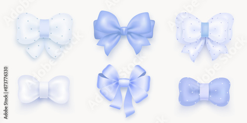 Set of realistic 3d blue bow isolated on white background. Baby shower design elements for baby boy. Bow for gift box. Glossy ribbon. Vector illustration