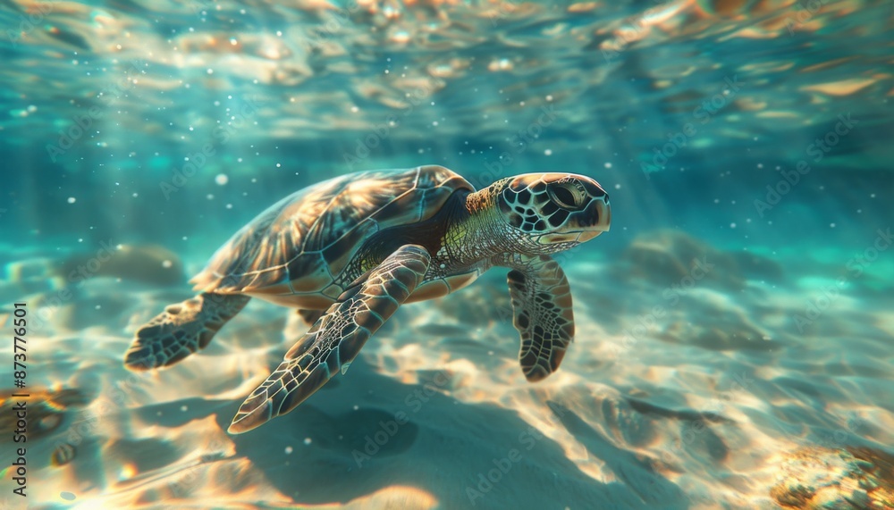 Fototapeta premium Sea turtle gliding through crystal clear waters sunlit ocean floor marine life summer travel