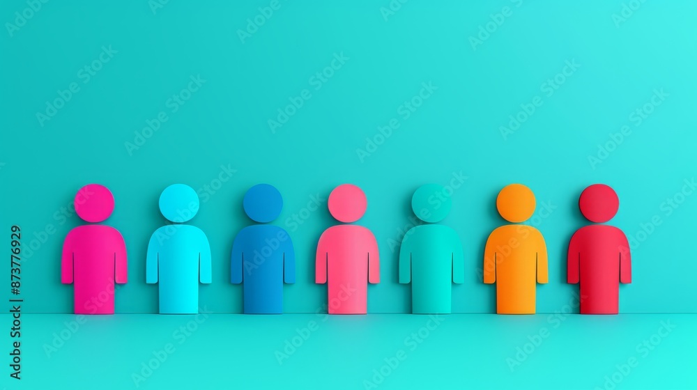 Vibrant colored human icons in a row on a blue background, representing diversity, community, and uniqueness in various colors. Vibrant colored human icons in a row on a blue background, representing diversity, community, and uniqueness in various colors.