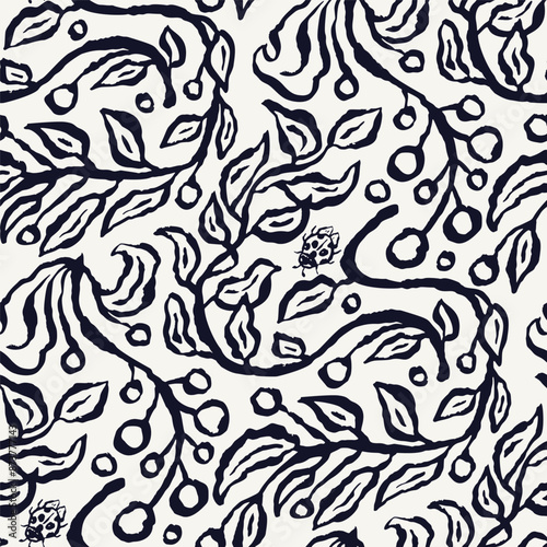 Monochrome black and white brush strokes inky flowers seamless pattern. Abstract floral contemporary background.