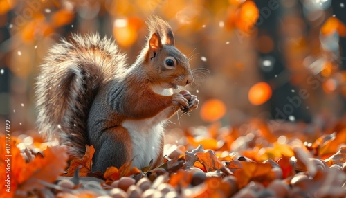 Squirrel collecting acorns in an autumn forest animal