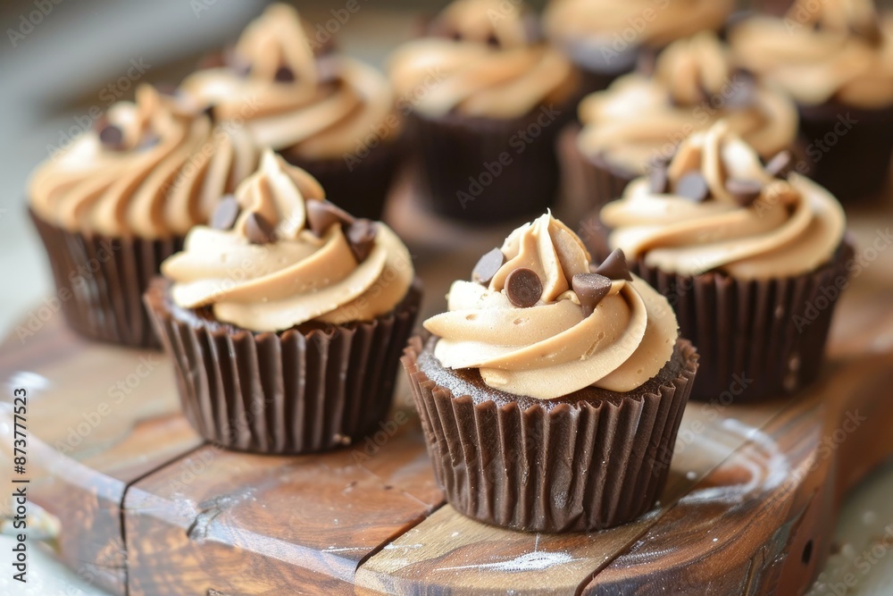 Assortment of chocolate cupcakes with swirl icing and chips on rustic wood Assortment of chocolate cupcakes with swirl icing and chips on rustic wood