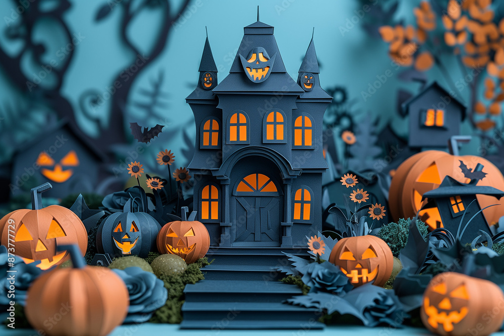 Flat podium with a castle, pumpkins, bats. Halloween background. Display product. Mock up the pedestal.