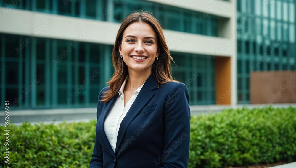 Business Women Standing and Smiling in Front of Office Business Women Standing and Smiling in Front of Office