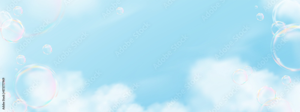 Sky Blue,Cloud Background with 3d Rainbow Bubbles,Vector Minimal Display with soap foam balls or Shampoo for Summer,Spring Product Presentation,Web Banner Design Sky Blue,Cloud Background with 3d Rainbow Bubbles,Vector Minimal Display with soap foam balls or Shampoo for Summer,Spring Product Presentation,Web Banner Design