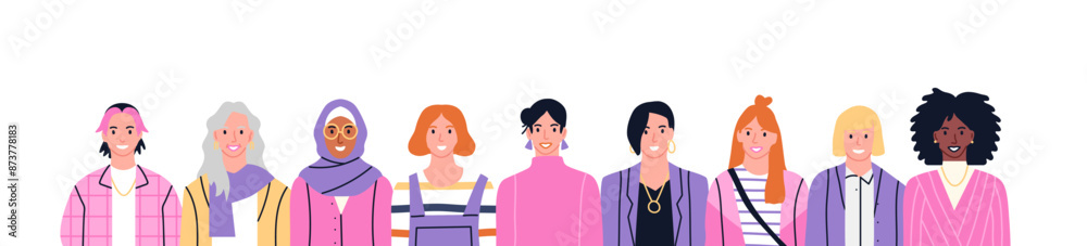 Diverse happy woman people group on isolated white background. All women team, modern flat cartoon crowd. Multi-ethnic girls smiling team dressed in pink. Diverse happy woman people group on isolated white background. All women team, modern flat cartoon crowd. Multi-ethnic girls smiling team dressed in pink.