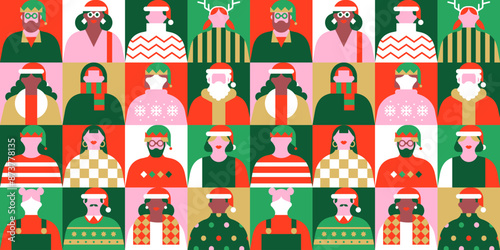 Diverse christmas people seamless pattern illustration. Colorful xmas party celebration flat cartoon portrait background. Geometric style funny winter season group, holiday character texture print.