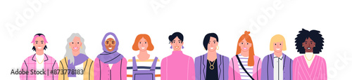Diverse happy woman people group on isolated white background. All women team, modern flat cartoon crowd. Multi-ethnic girls smiling team dressed in pink. 