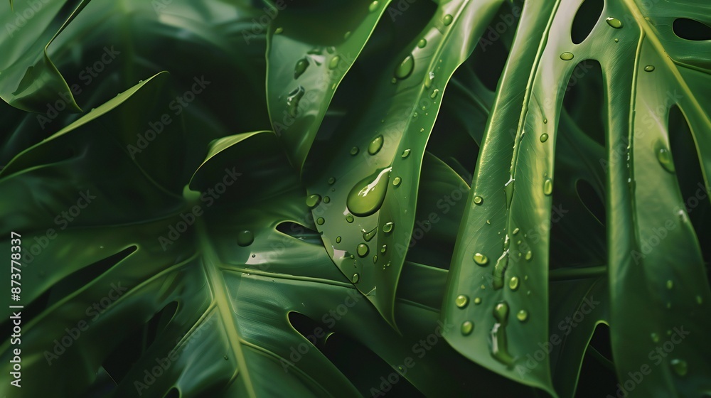 Extreme close-up of wet tropical philodendron leaves, soft green blur background, rain drops, lush and serene composition. Extreme close-up of wet tropical philodendron leaves, soft green blur background, rain drops, lush and serene composition.