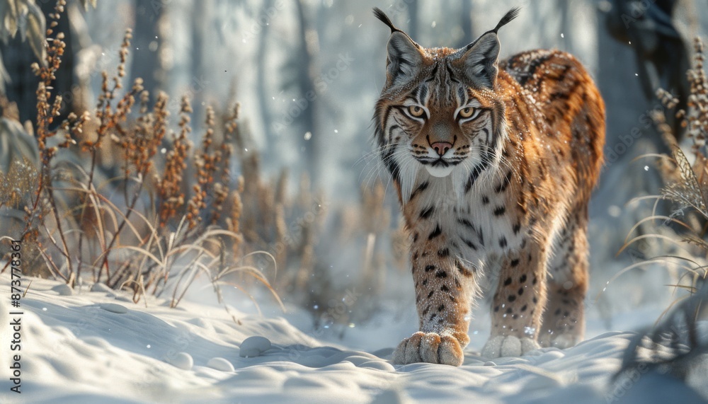 Lynx stalking prey in a snowy forest, animal, stealthy and fierce Lynx stalking prey in a snowy forest, animal, stealthy and fierce