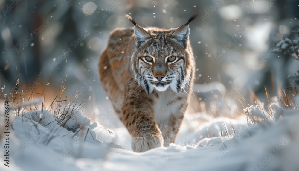 Lynx stalking prey in a snowy forest, animal, stealthy and fierce Lynx stalking prey in a snowy forest, animal, stealthy and fierce