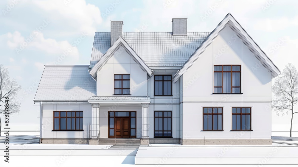 Architectural rendering of a house, showing the construction process, detailed edifice elements, workers applying finishing touches with trowels Architectural rendering of a house, showing the construction process, detailed edifice elements, workers applying finishing touches with trowels