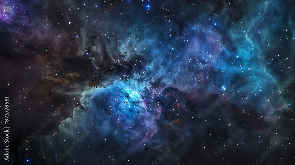 Enigmatic Dark Nebula: Close-Up Macro View of Intricate Interstellar Dust and Gases Illuminated by Faint Starlight in Deep Blues and Purples Enigmatic Dark Nebula: Close-Up Macro View of Intricate Interstellar Dust and Gases Illuminated by Faint Starlight in Deep Blues and Purples