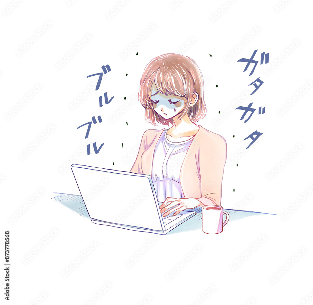 ノートパソコンを操作する寒そうな女性　文字付き