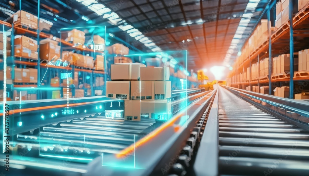 Smart warehouse management system using augmented reality technology to identify package picking and delivery . Future concept of supply chain and logistic business , generated by AI Smart warehouse management system using augmented reality technology to identify package picking and delivery . Future concept of supply chain and logistic business , generated by AI