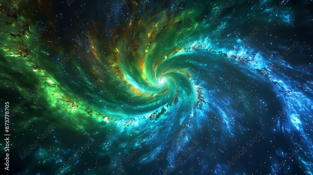 Cosmic Elegance: Stunning Blue and Green Galaxy with Spiraling Arms and Glowing Core Cosmic Elegance: Stunning Blue and Green Galaxy with Spiraling Arms and Glowing Core