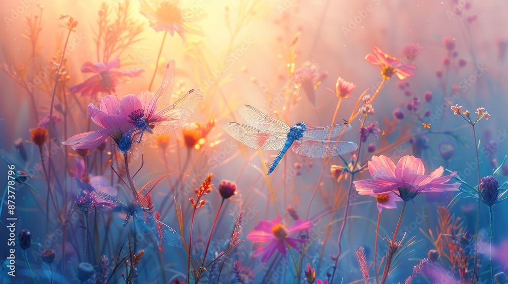 Gigantic dragonflies hover over a sunlit meadow where oversized flowers bloom in fluorescent hues against a pastel sky. Gigantic dragonflies hover over a sunlit meadow where oversized flowers bloom in fluorescent hues against a pastel sky.