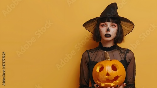 Magician woman wearing black costume and halloween makeup holding carved pumpkin, isolated over yellow background