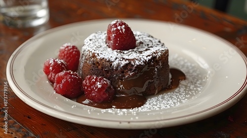 Chocolate Lava Cake with Raspberries and Powdered Sugar