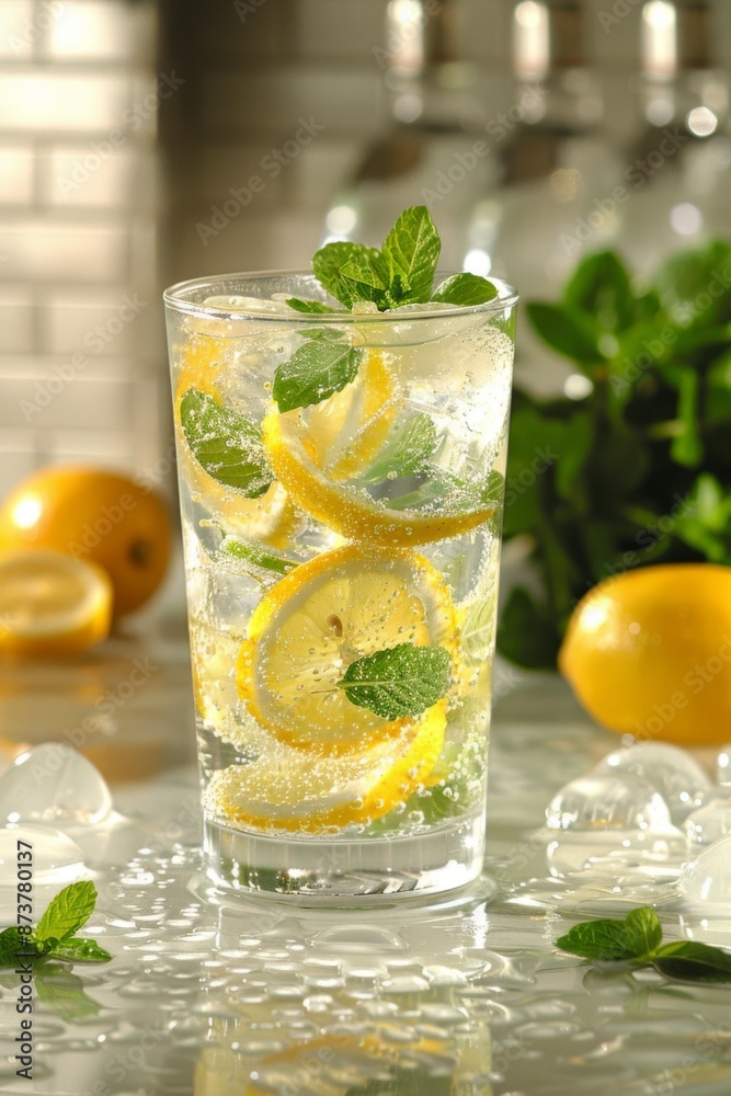 Fototapeta premium Refreshing Lemonade: A close-up shot of a tall glass of ice-cold lemonade with fresh lemon slices and mint leaves, condensation forming on the outside of the glass.
