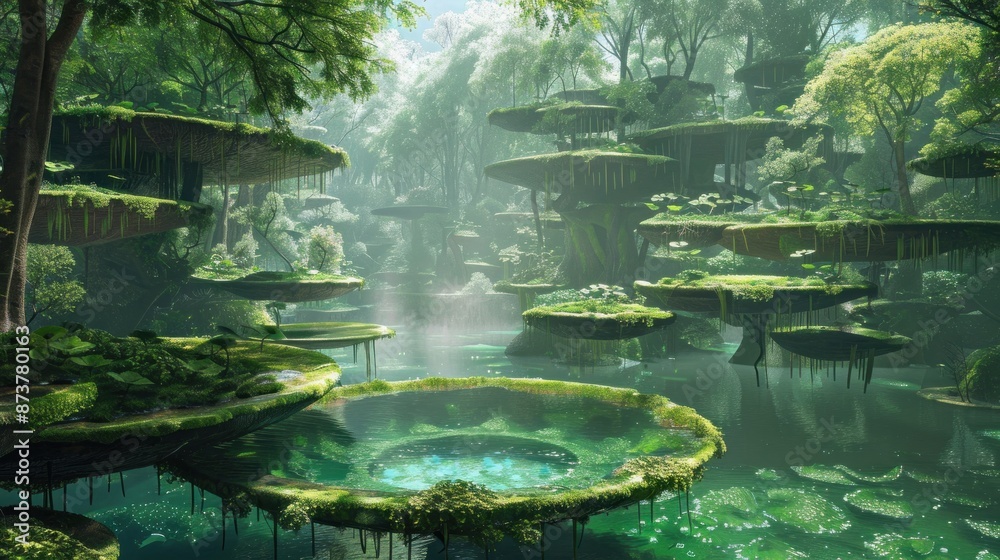 Crystal-clear pools in a forest reflect a sky filled with floating islands, each supporting a unique ecosystem of fantasy flora.