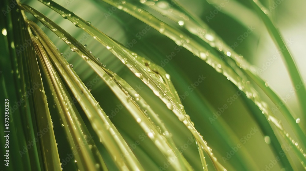 Extreme close-up of wet tropical palm frond, soft green blur background, rain drops, serene and relaxing composition. Extreme close-up of wet tropical palm frond, soft green blur background, rain drops, serene and relaxing composition.