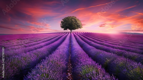 Fototapeta Naklejka Na Ścianę i Meble -  Stunning lavender field landscape Summer sunset with single tree