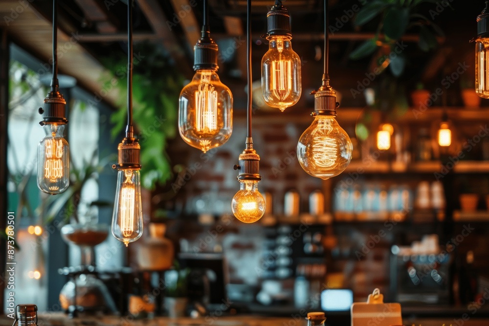 Obraz premium An inviting atmosphere in a cozy coffee shop with a variety of vintage light bulbs hanging from the ceiling, creating a warm and inviting atmosphere.