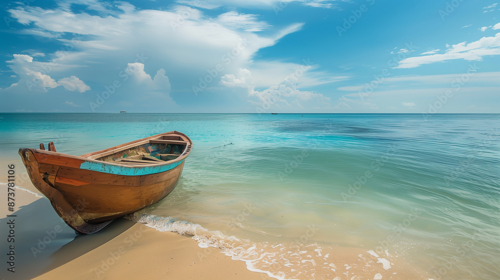 A nice boat floating on the calm surface of the blue ocean near the coast delights with its calm and pleasant image. A nice boat floating on the calm surface of the blue ocean near the coast delights with its calm and pleasant image.