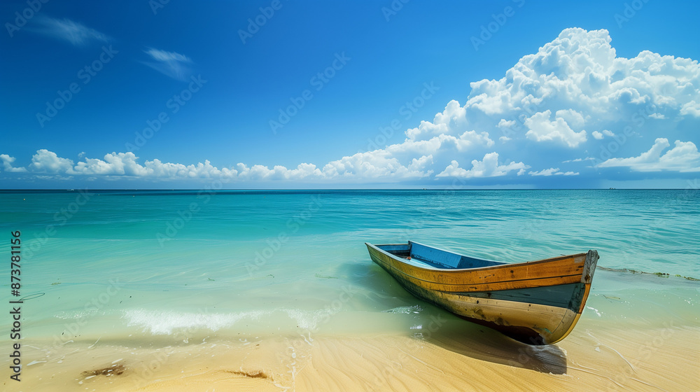 A nice boat floating on the calm surface of the blue ocean near the coast delights with its calm and pleasant image.
