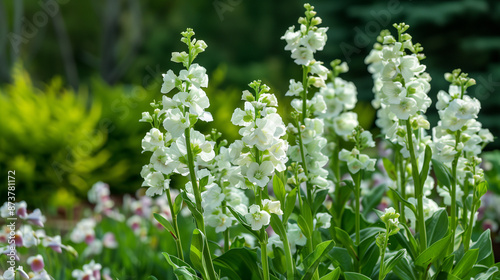 Blooming white Matthiola incana in flower beds is an image of natural elegance. Their delicate flowers, with a pleasant scent, create a romantic atmosphere and bring a spring breeze to the garden.