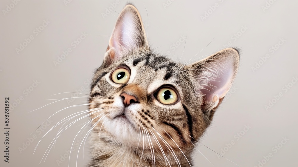 A cat with a yellow eye stares at the camera. The cat's fur is striped and it has a long, fluffy tail. The cat's expression is intense and curious, as if it is trying to understand what is happening A cat with a yellow eye stares at the camera. The cat's fur is striped and it has a long, fluffy tail. The cat's expression is intense and curious, as if it is trying to understand what is happening