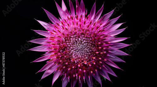 The large, round milk thistle flower, seen from the side, shows off its spectacular red-purple colors.