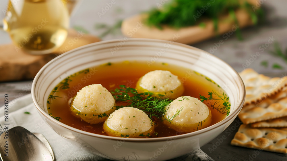 Tasty soup with matzah meatballs, served with crispy shrimps and slightly refreshing wine, delights with a balanced combination of flavors. Tasty soup with matzah meatballs, served with crispy shrimps and slightly refreshing wine, delights with a balanced combination of flavors.