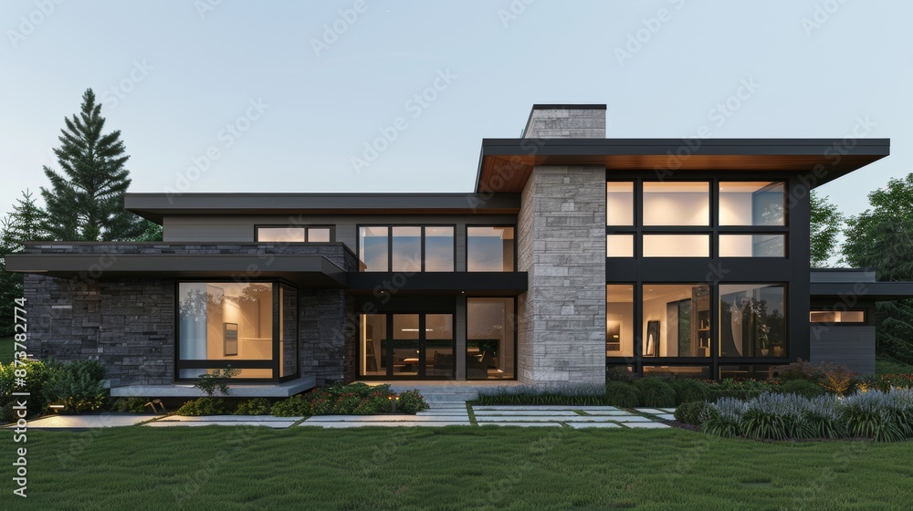 Modern residence with sleek architecture, large windows, and a beautifully landscaped yard, blending contemporary design with a welcoming feel Modern residence with sleek architecture, large windows, and a beautifully landscaped yard, blending contemporary design with a welcoming feel