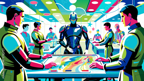 Futuristic Corporate Meeting with Robot Leader and Diverse Team