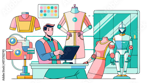 Fashion Designer at Work in Modern Studio With Laptop and Mannequins