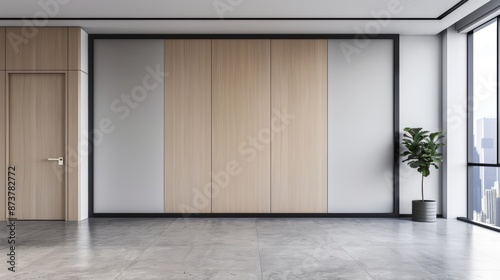 Modern partition wall in an office setting, sleek design with subtle textures, creating a stylish and functional barrier between spaces