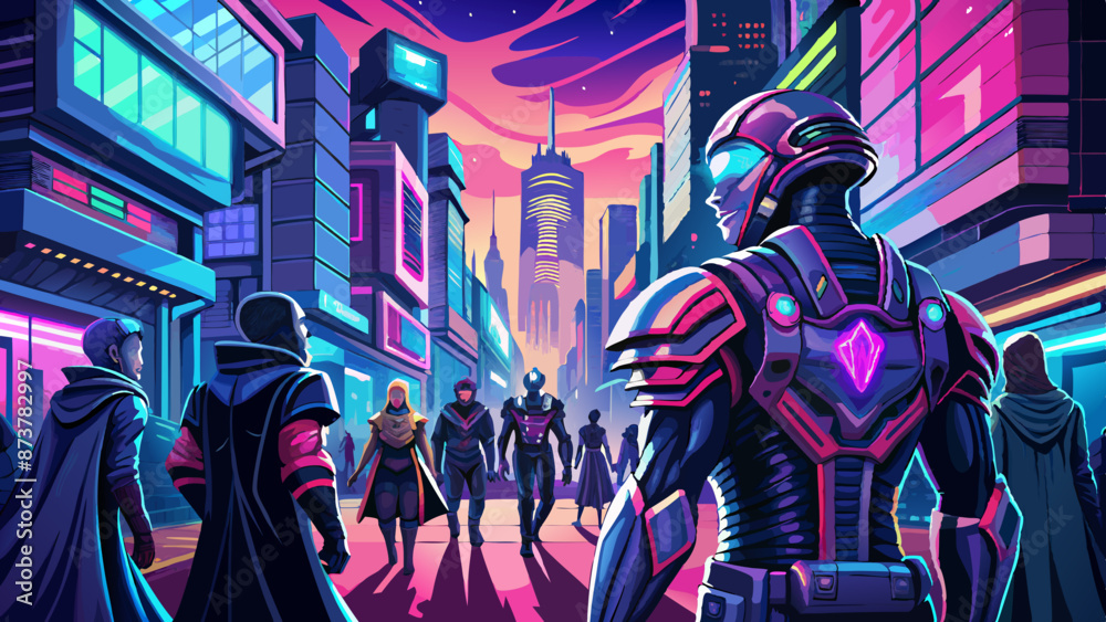 Fototapeta premium Futuristic Cityscape with Cybernetic Characters at Dusk